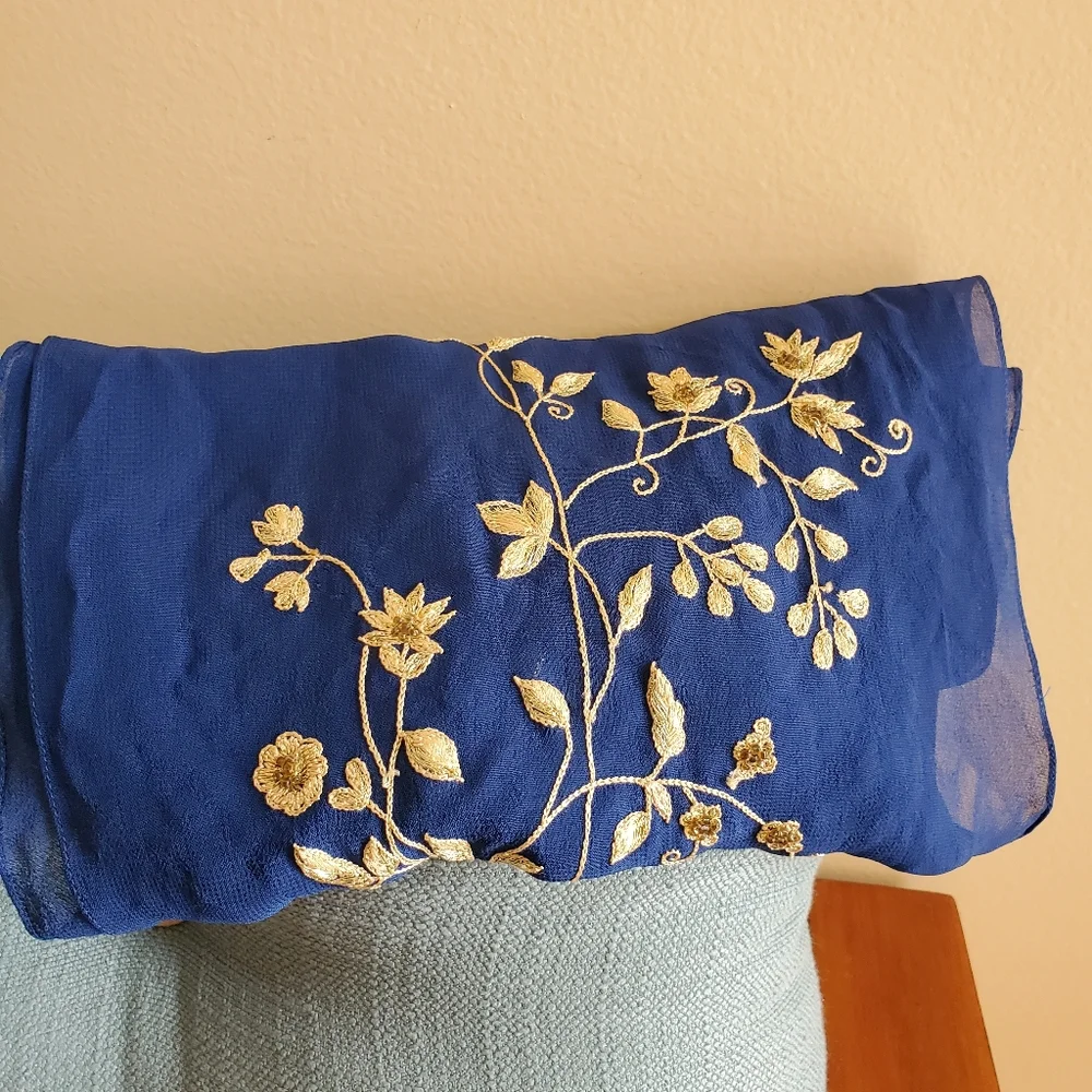 VINTAGE NWOT Royal Blue Semi Sheer, Gold Embroider